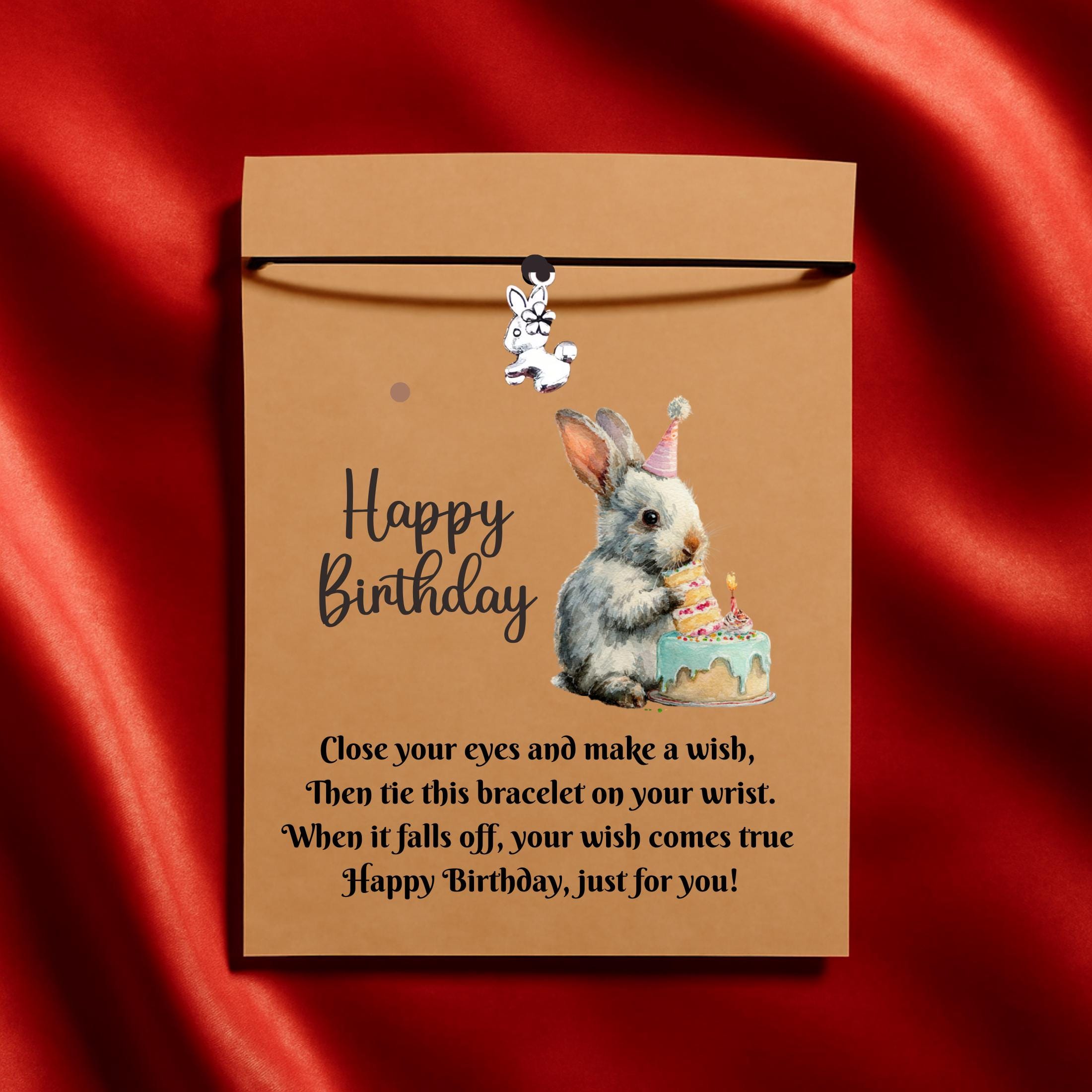 Birthday Card With Rabbit Bunny Charm Wish Bracelet. Wishes, Seasons, Envelope included. Friend Gift Family Gift,