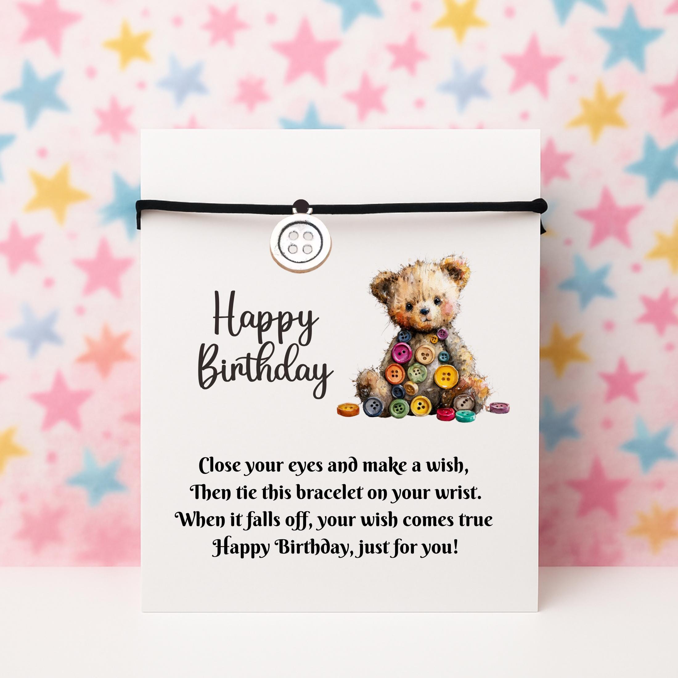 Birthday Card With Silver Button Charm Wish Bracelet. Wishes, Seasons, Envelope included. Friend Gift Family Gift,