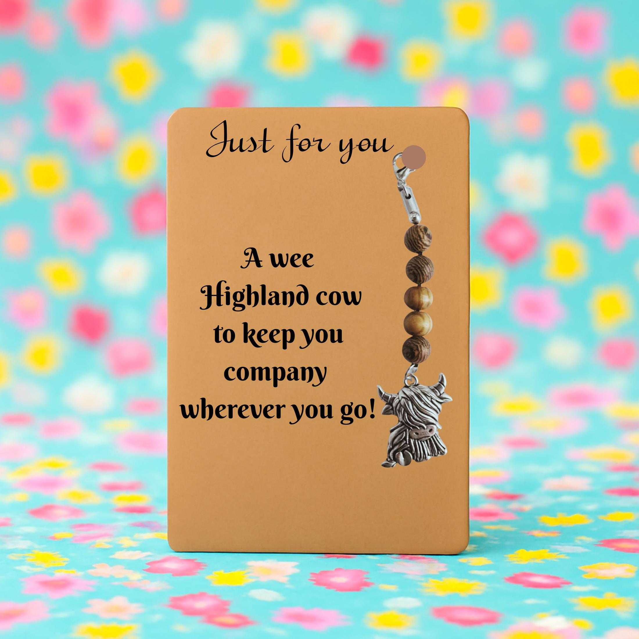 Highland Cow Bag Charm / Keyring – Tibetan Silver Charm with Wooden & Silver Beads (8.5cm)